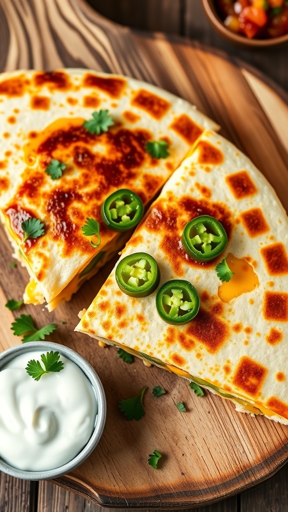 A delicious spicy jalapeño quesadilla cut into wedges, garnished with cilantro, served with sour cream and salsa.